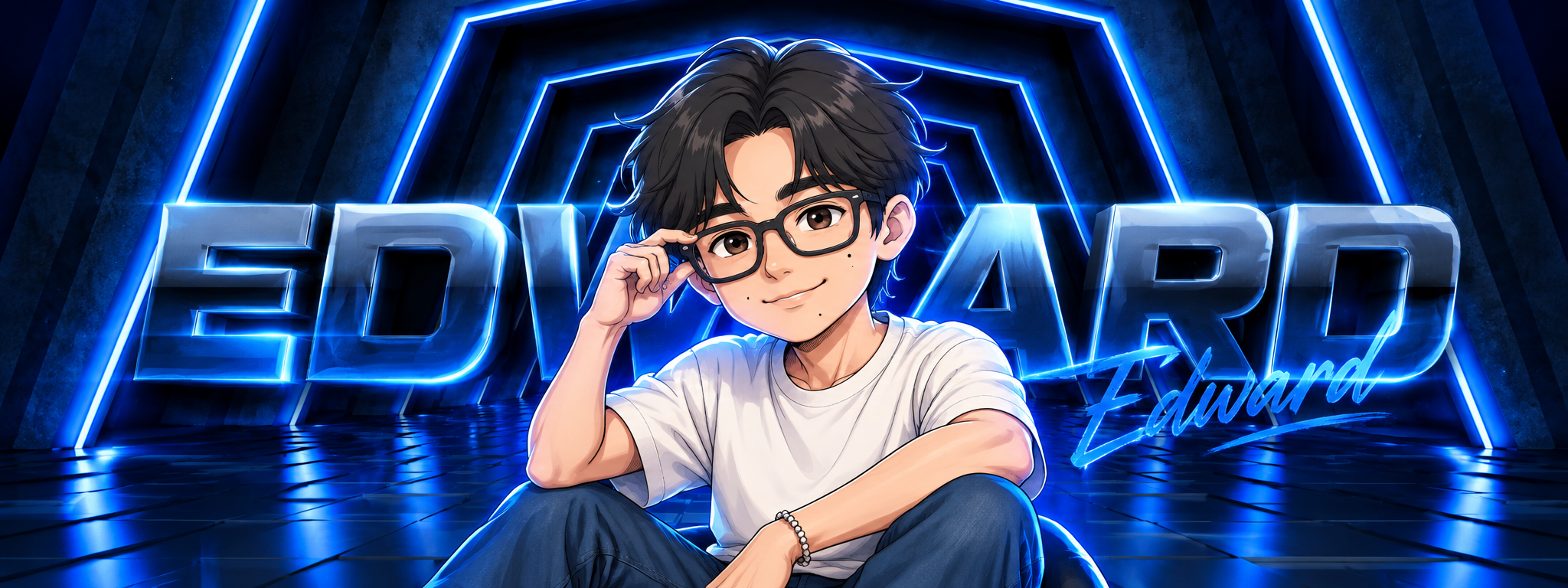 Edward’s anime character in front of metallic Edward lettering and glowing electric-blue geometric frames